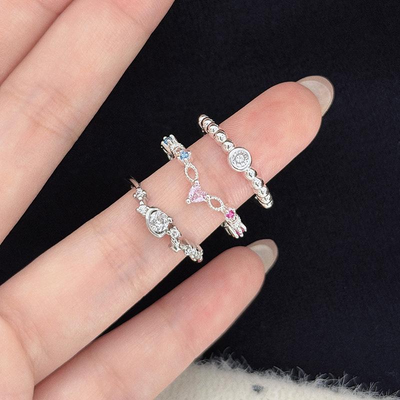 Exquisite And Small Girl Round Bead Chain Colored Zir*****Pen Ring Niche Design Stacked Ring