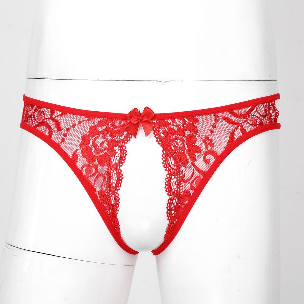 Male Sexy Lingerie Men Floral Lace Crotchless T-back Briefs Hollow Out Thong Briefs Nightwear Sleepwear