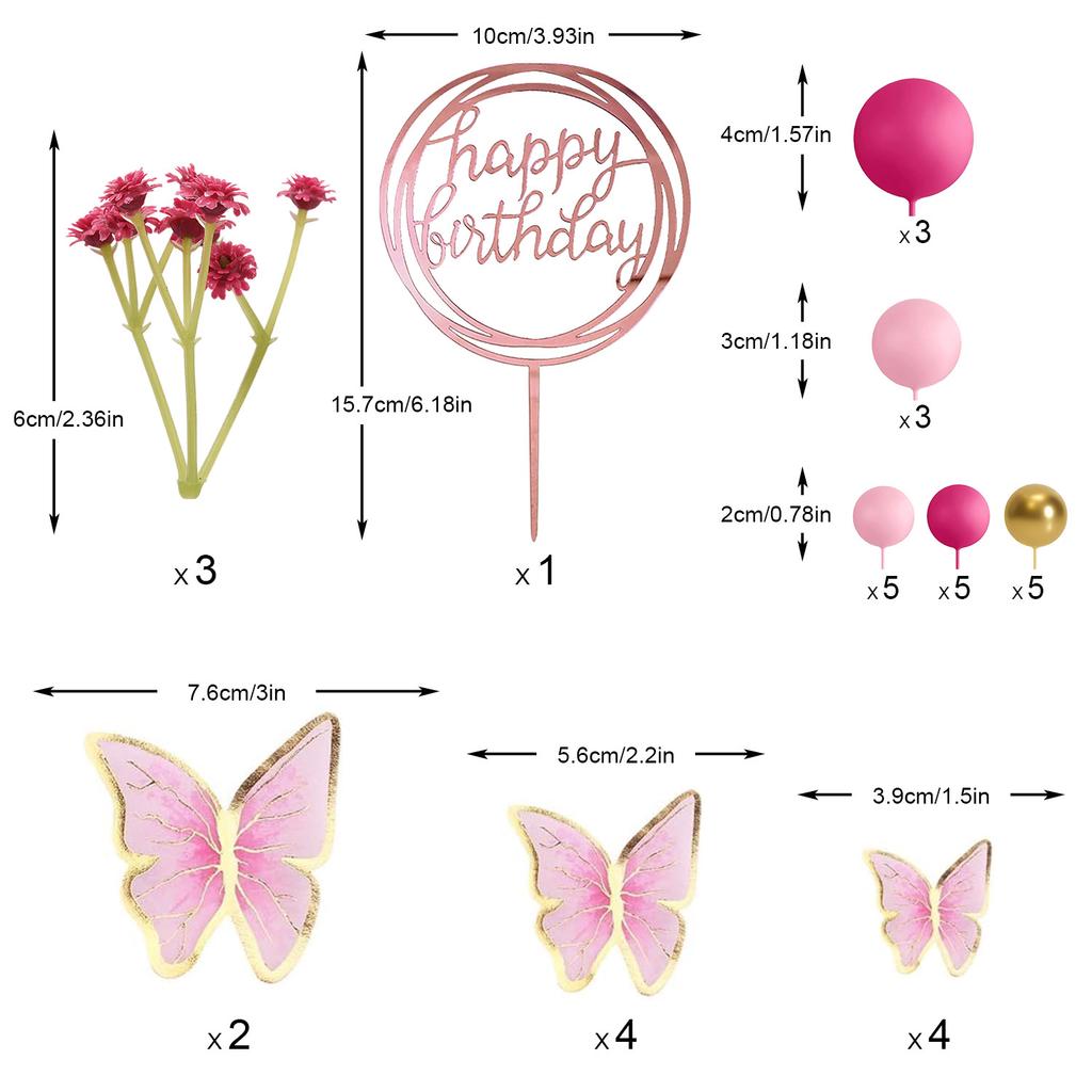 Pink Purple Balls Cake Toppers Butterfly Cake Decorations Happy Birthday Cake Topper for Wedding Baby Shower Birthday Flower The