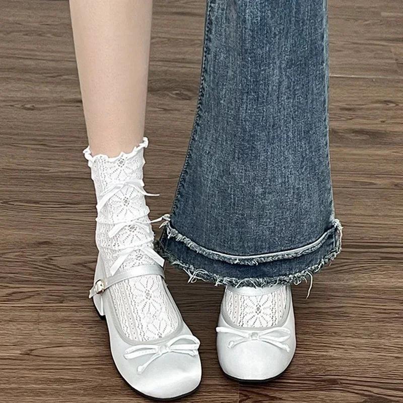 Fashion 2025 Spring Women Shoes Cute Sweet Bowknot Mary Janes for Women Vintage Silk Med Heels  Pumps Ladies Banquet Wedding Single Shoe