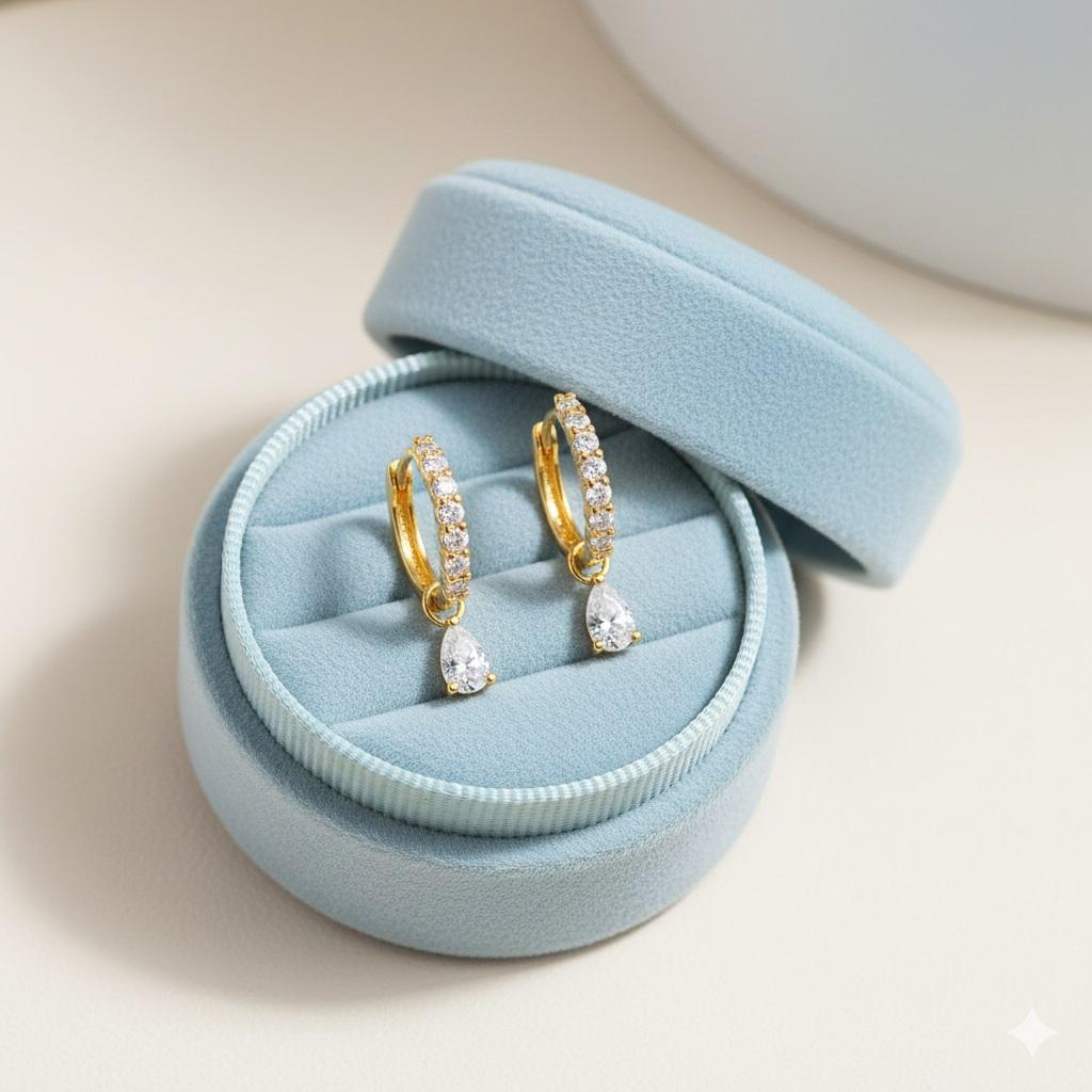 Pear Drop Dangle Earrings - 925 Sterling Silver Yellow Plated