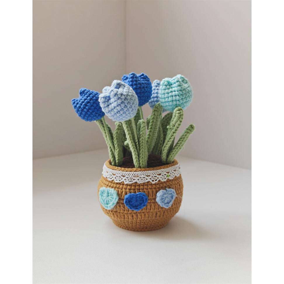 Handcrafted Crochet Tulips In Pot Dashboard Ornament Everlasting Fabric Flowers Bonsai Arrangement Vehicle Decor Accessory Handmade Yarn Potted