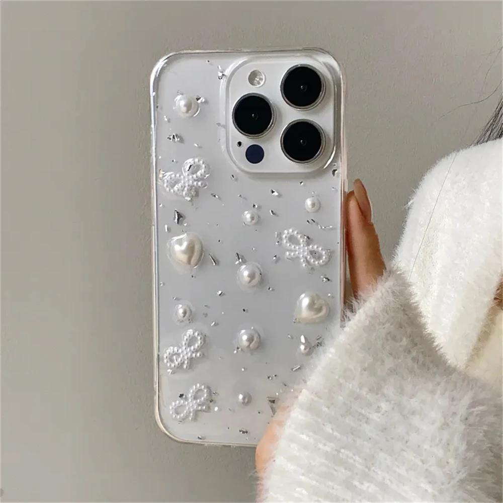 3D Pearl Bowknot Silver Foil Phone Case For iPhone 17 Air 16 15 14 12 11 Pro Max 13mini XS Max XR X Cute Clear Soft Cover