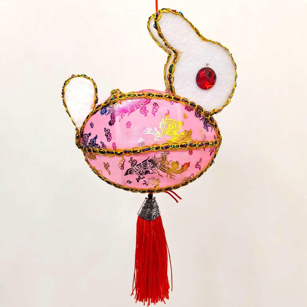 Mini Chinese New Year Rabbit Lantern: Colorful Handheld Ancient Style Fabric Lantern with Electronic Light-Up