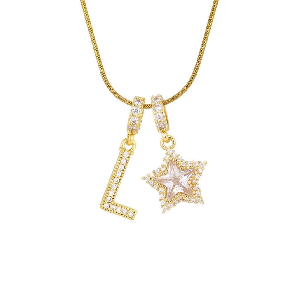 18K Gold Plated Copper Necklace with Zirconium Pentagram & Letter Pendant for Women
