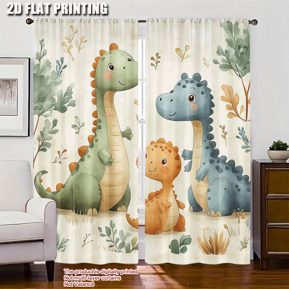 2pcs 2D Flat Printing Scene Curtain Cute Dinosaur Watercolor 100% Polyester Without Electricity Festive Curtains Perfect for
