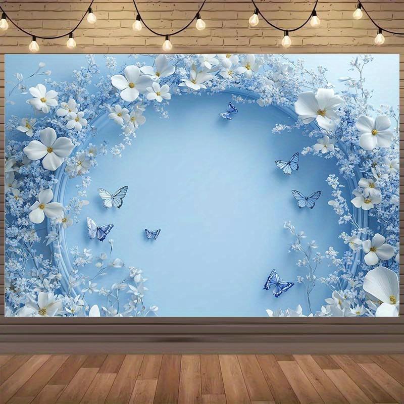 1 party banner Warm dreamy blue floral backdrop - take you into the world of butterflies and flowers 100x150cm