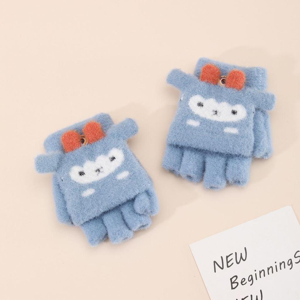 New Little Sheep Cartoon Kids Convertible Warm Wool Gloves - Half-Finger Design, Thick and Cozy for Children