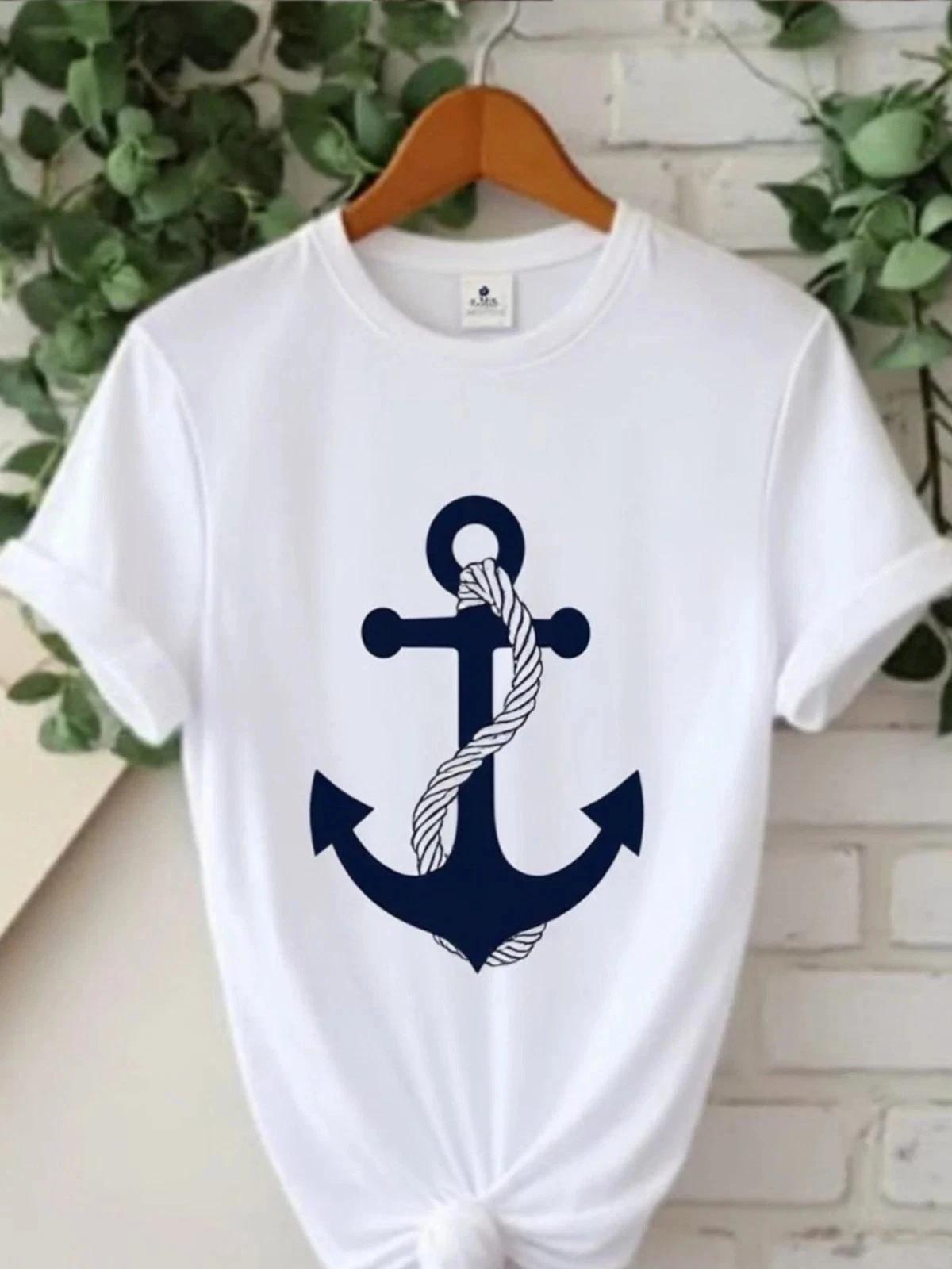 Women Anchor Graphic T- Shirt Nautical Print Casual Summer Crew Neck White Tee M