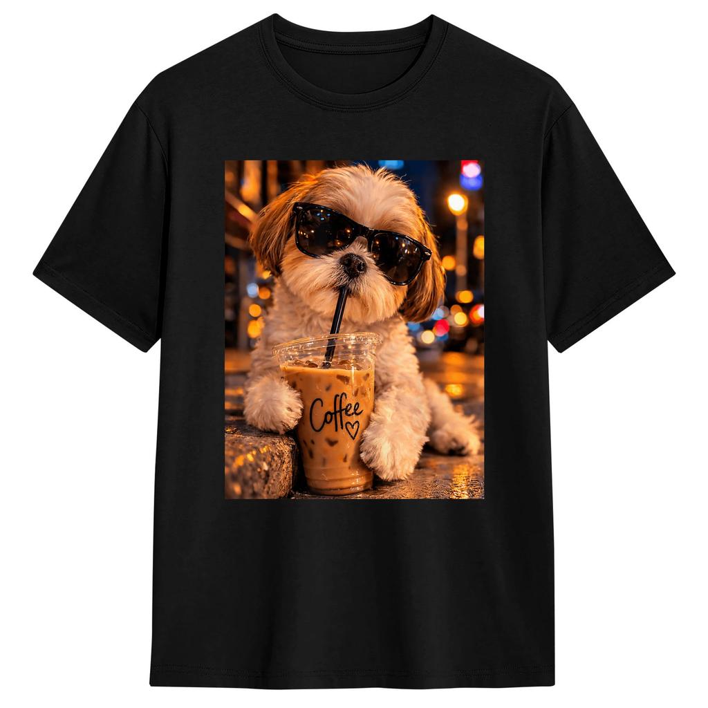 Divertente Shih Tzu che beve caffè freddo Maglietta Estate Cotone Magliette Per Unisex Design Maglietta Manica Corta Y2k Abbigliamento Casual