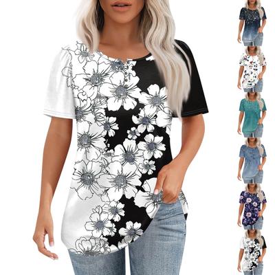 Women's Fashionable Casual Short Sleeve Button Floral Print Round Neck Pullover Top