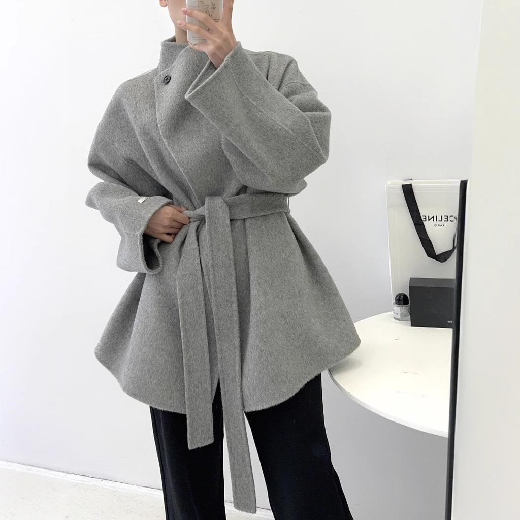 Stand-up collar short double-sided wool coat lapel loose lazy small autumn and winter women's camel white coat