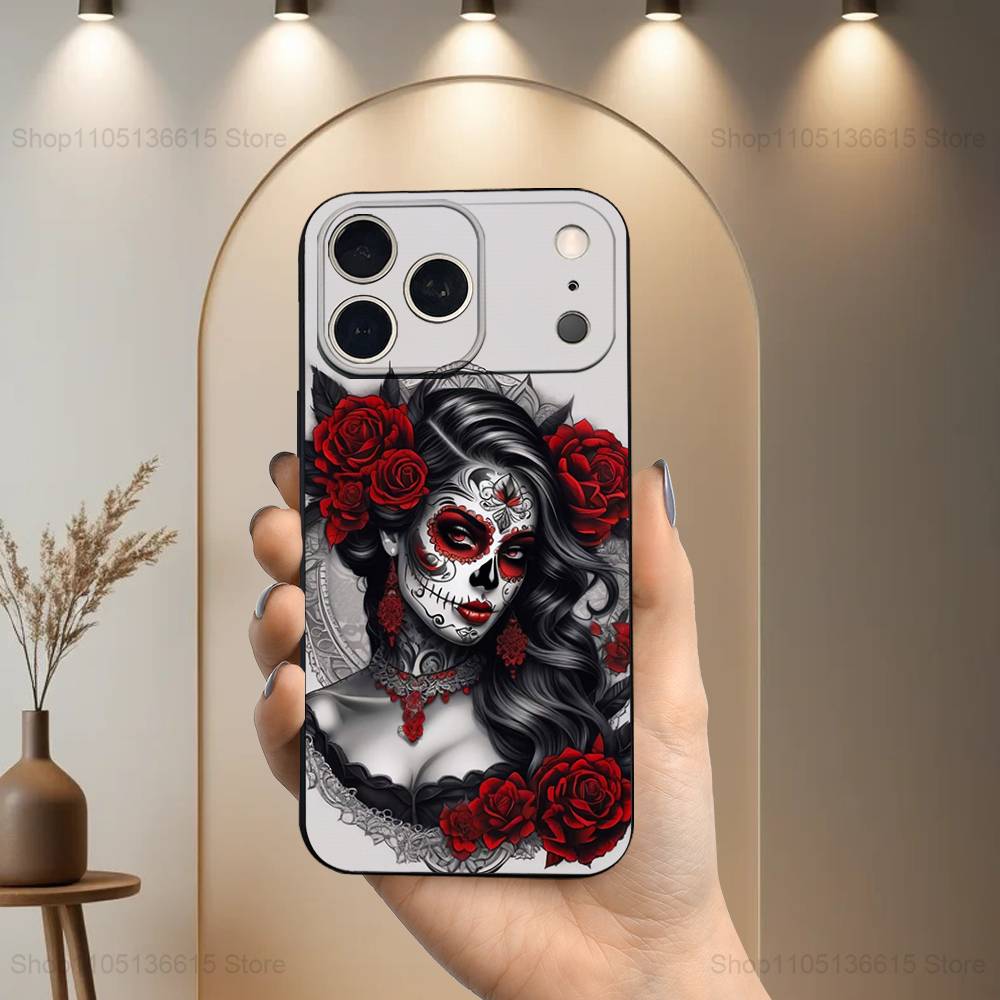 Catrina Skull Girl Mexican Case For iPhone 12,14,15,16,17,13,11,X,Mini,Plus,Pro Max,8,7,XR,SE,XS,Soft Silicone Black