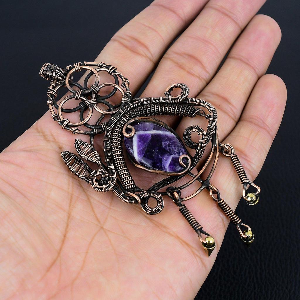 Chevron Amethyst Pendant Gemstone Jewelry, 999 Copper Wire Wrapped Pendant, Handmade Antique Jewelry Gift For Mother