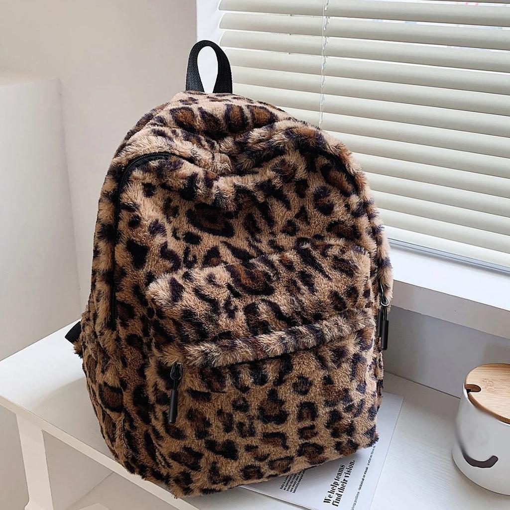 Luxury Brown Leopard Plush Women Backpack Large Capacity Multi Pocket Adjustable Straps For Commute