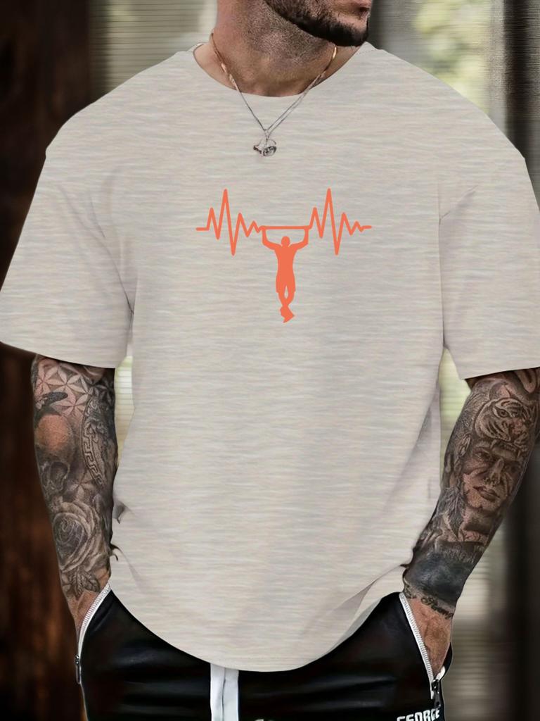 Mens Casual Tshirt Gymnastics Heartbeat Print Short Sleeve Round Neck Breathable Soft Oversized Sporty Daily Tee