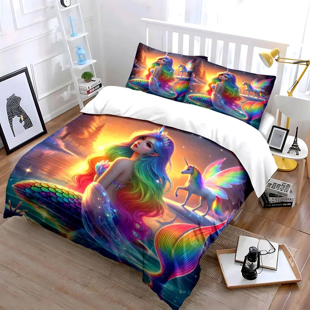 """Meerjungfrau Einhorn Fantasy Dekor Set" Weiches Bequemes Bettwäscheset Bettbezug Inklusive 1*Bettbezug & 2*Kissenbezüge, Geschenk"""