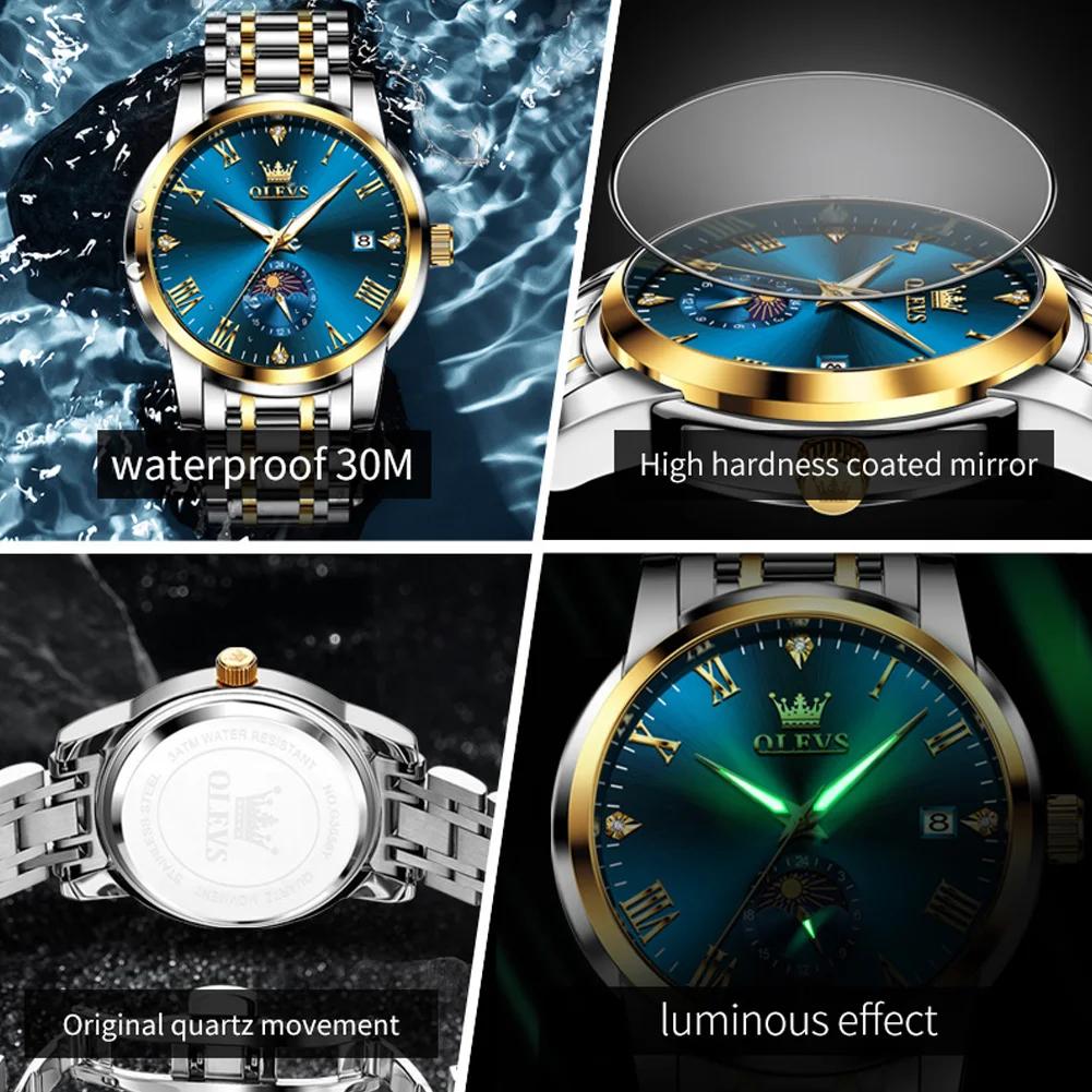 OLEVS Waterproof Luminous Date Moon Phase Business Watch Men's Wacthes Trend Fashion Original Quartz Wristwatch