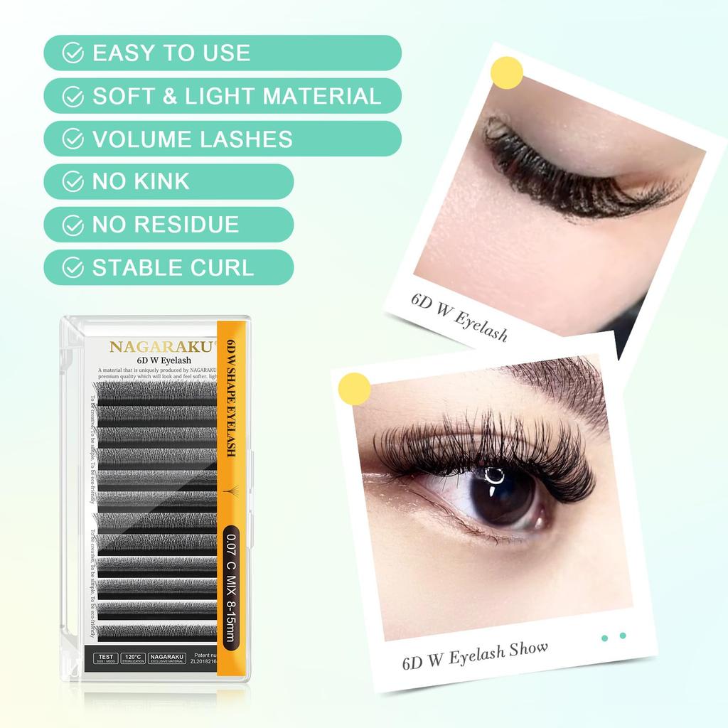 NAGARAKU Eyelash Extensions 6D Volume Light and Natural Soft 6 Bundles 12 Rows Large Capacity Curl C Length W Eyelash Extension Ultra-thin, (Thickness
