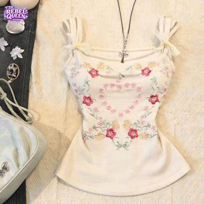 TrendHub Japanese Sweet Vintage Floral Print Bow Tie Spaghetti Strap Camisole Top Y2K Cute Slim Fit Fairycore Aesthetic Sleeveless Shirt