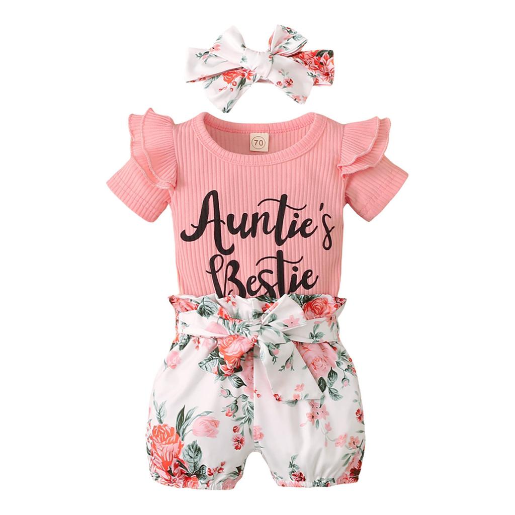 Newborn Suit Letter Print Romper Three Piece Jumpsuit Floral Shorts Headband Set 0-18M