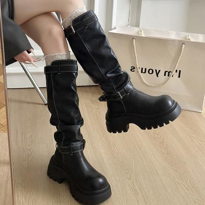 Winter Platform Height Increase Woman Knight High Boots Concise Belt Buckle Shoes Punk Vintage Long Booties De Muje