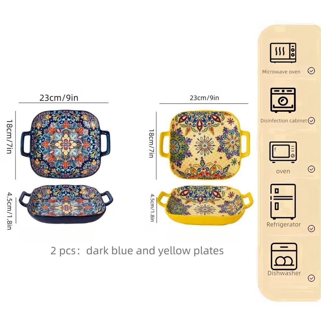 Hand-painted Bohemian Ceramic Baking Dish Square with Handles For Pasta and Desserts Suitable for Oven and Microwave.