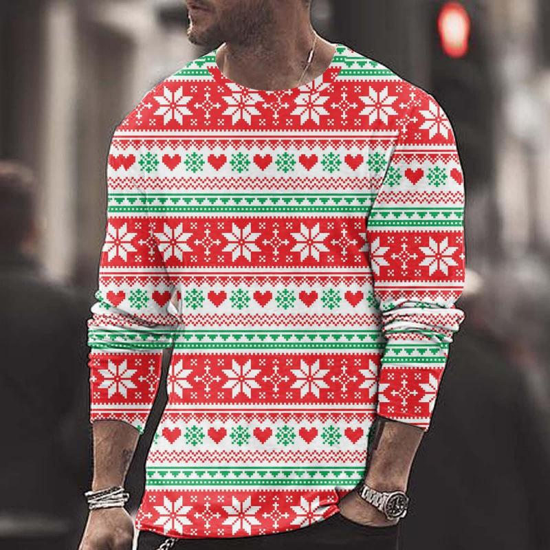 Summer Round Neck Christmas 3D Print Top Fashionable Casual Long Sleeved Men's T-shirts