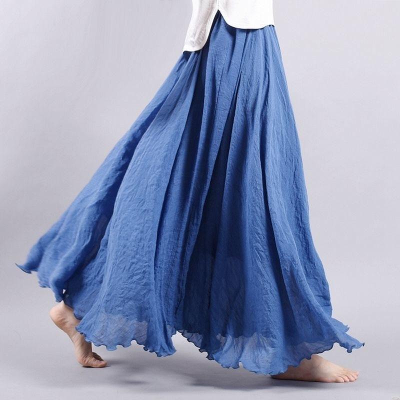 Women's Elegant Loose High Waist Linen Maxi Skirt Summer Ladies Oversized Casual Elastic Waist 2 Layers Skirts