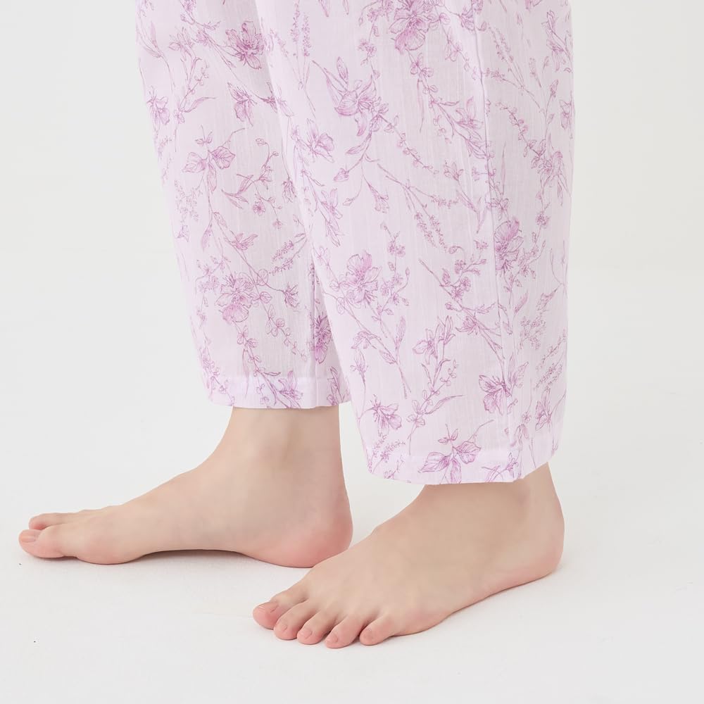 Gunze Long Sleeve Pajamas with Elastic Sleeve and Leg Made In Japan Women's Holes, Moisture-Wicking, Quick-Drying, Eco-Friendly, Twin-Leg Pattern,