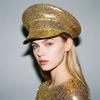 Sombrero de copa plano con lentejuelas brillantes Gorra de capitán Y2k Accesorios de baile Boina Espectáculo de cosplay