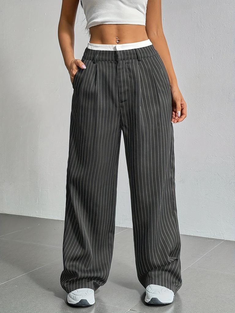 Women's Trousers Japanese and Korean Casual High Waist Color Matching Simple Drape Striped Straight Trousers Wide Legs