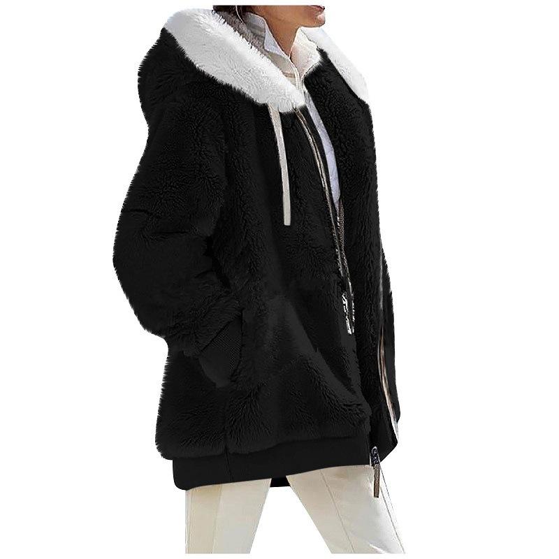 Cross-border Amazon explosion Europe, America 2024 autumn and winter loose plush long-sleeved zipper pocket hooded warm jacket women