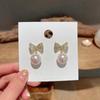 New Fashion Korean Crystal Bow Drop Earrings White Red Round Imitation Pearl Dangle Earrings for Women Elegant Party Jewelry