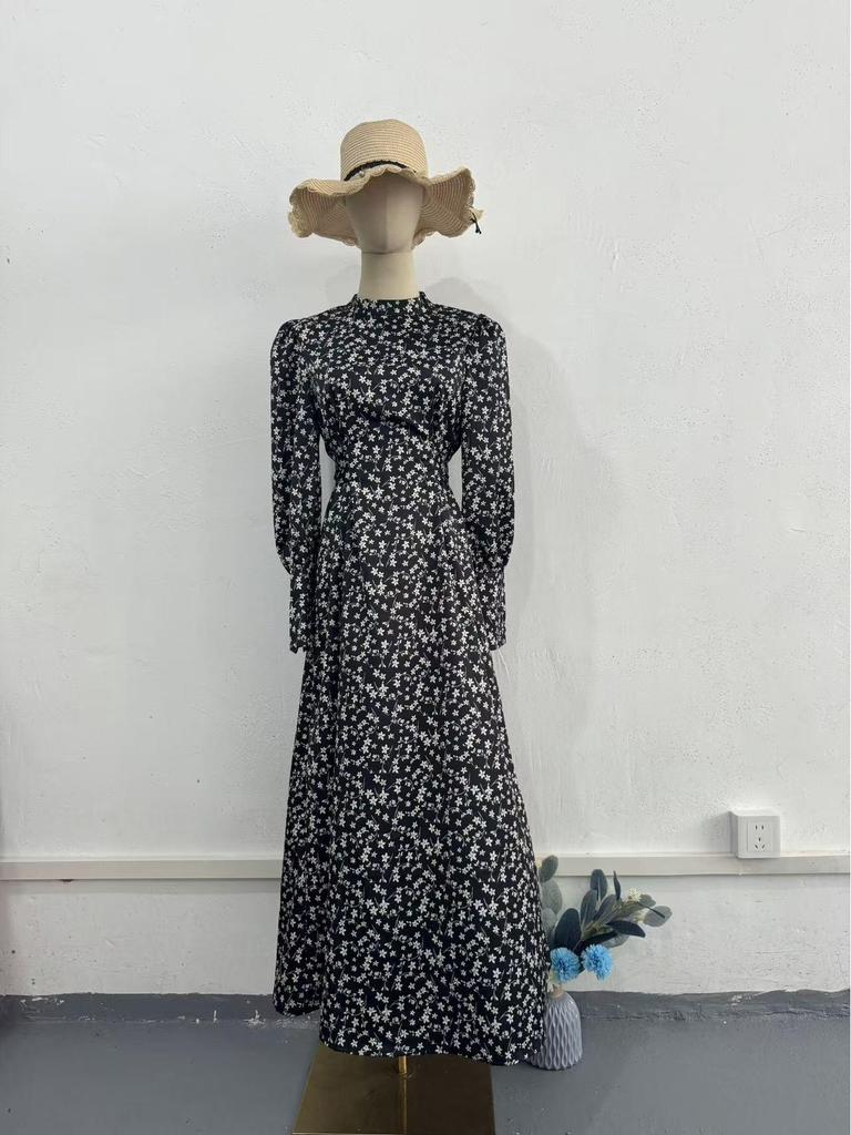 2025 Spring Loose Tie Floral Satin Long Sleeve Dress