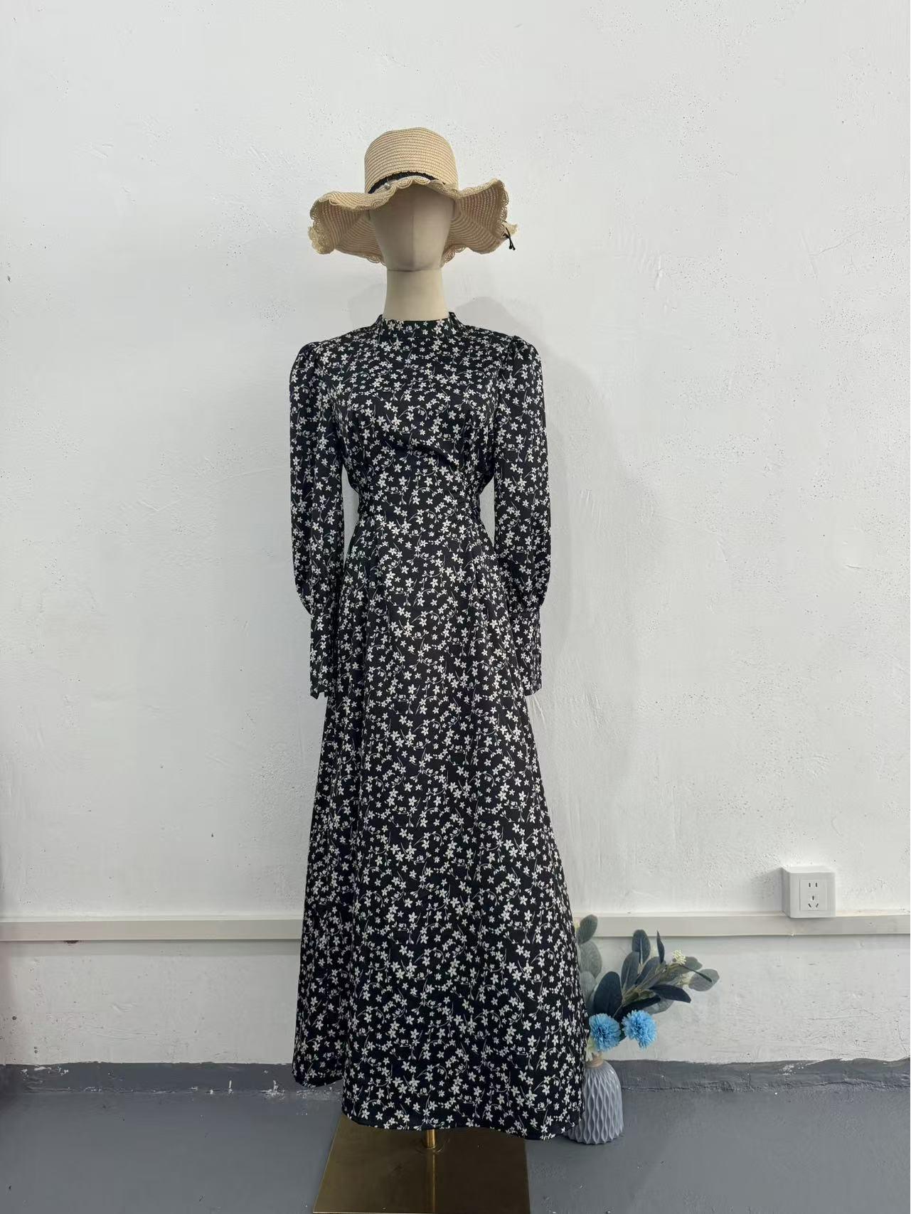 Elegant European-American Tie-Up Design Floral Satin Long Sleeve Dress, Spring 2025 Large