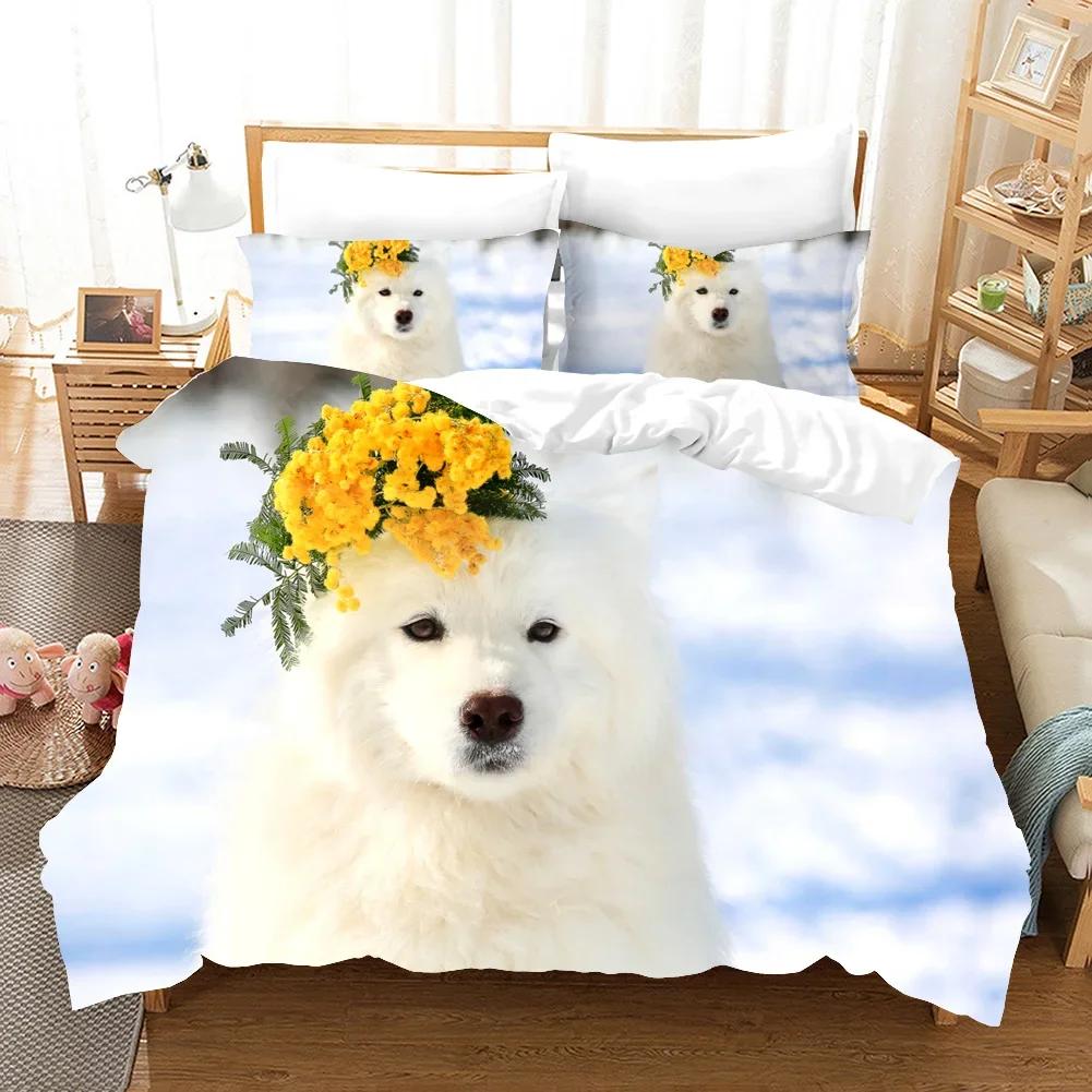 Samojedhund Påslakan King Queen Size Härligt Leende Husdjur Valp Sängkläder Set Vuxna Kvinnor Söt Vit Djur Polyester Täcke