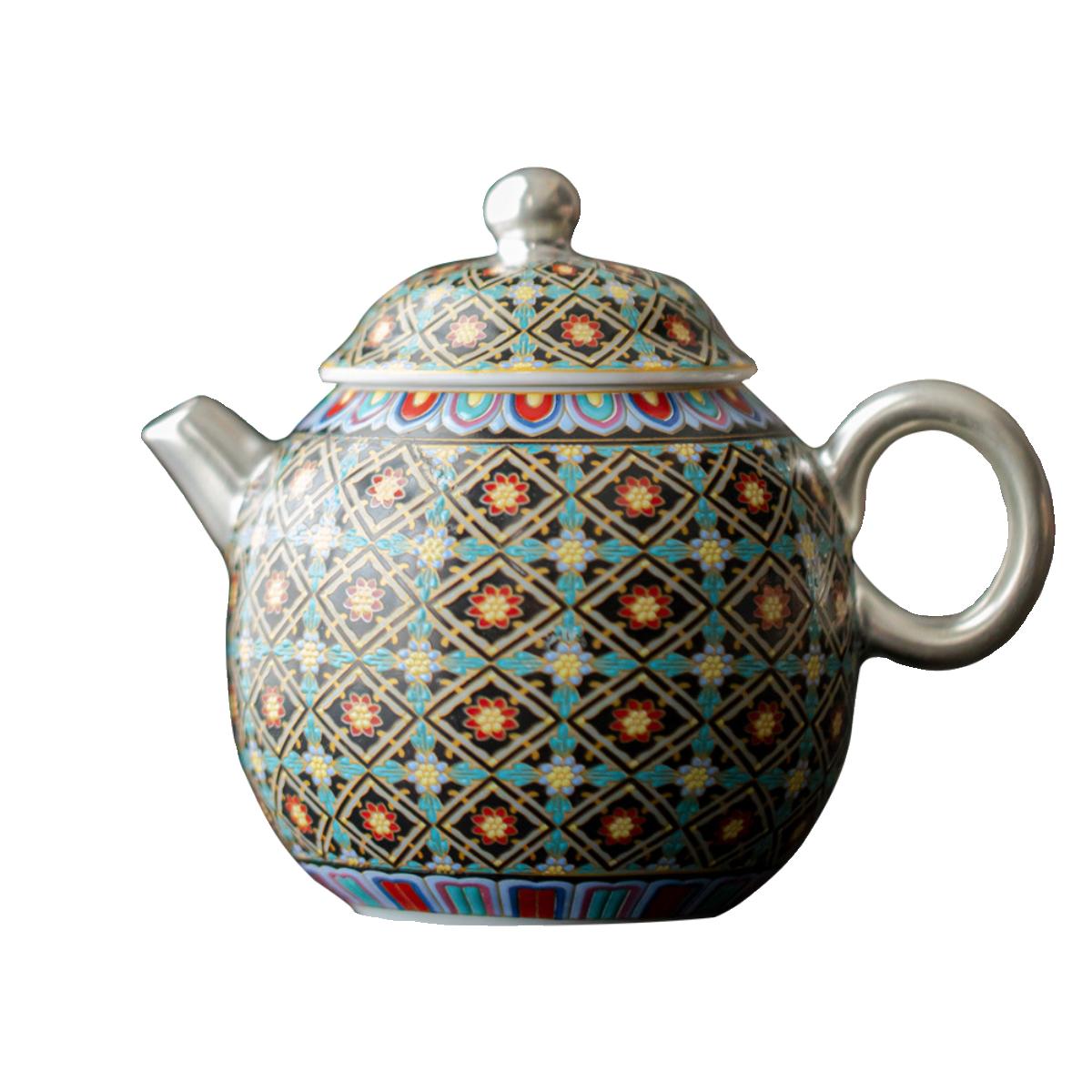 

Dunhuang Ceramic Teapot Silver Gilded Kungfu Tea Set Ancient Style Home Brewing Purple Clay Pot Gift For Tea Lovers