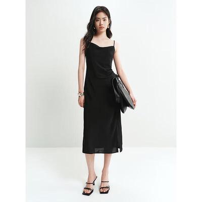 Vestido Slip Taiping Niao Feminino Preto Pérola com Decote Drapeado