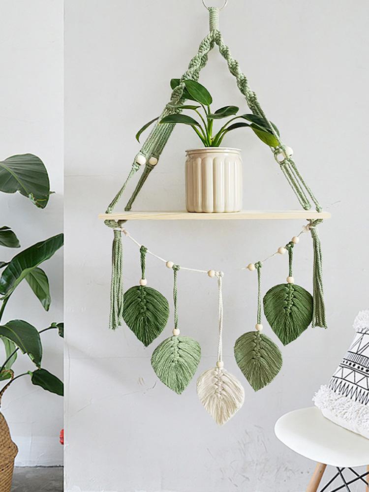 Boho Woven Wall Hanging Shelf Macrame Plant Holder & Storage Rack for Home Decor Khaki