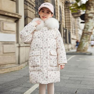 Children's Down Jacket for Girls Mid-length Winter New Style White Duck Down Floral Warm Stylish Coat