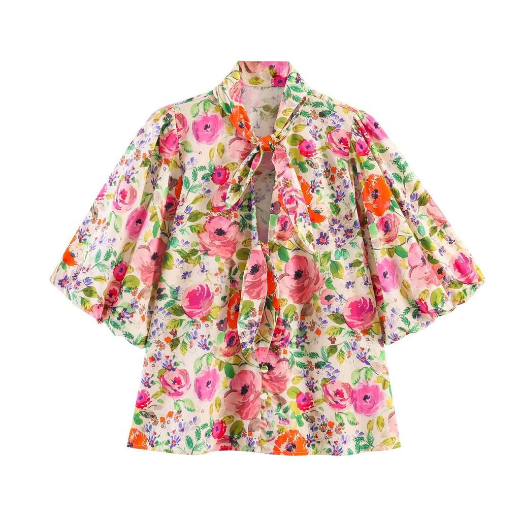Europäische und amerikanische Damenbekleidung Sommerurlaub Stil Pünktchen Blumenhemd Damen locker und dünn bedruckt mittellanges Ärmelhemd Damen