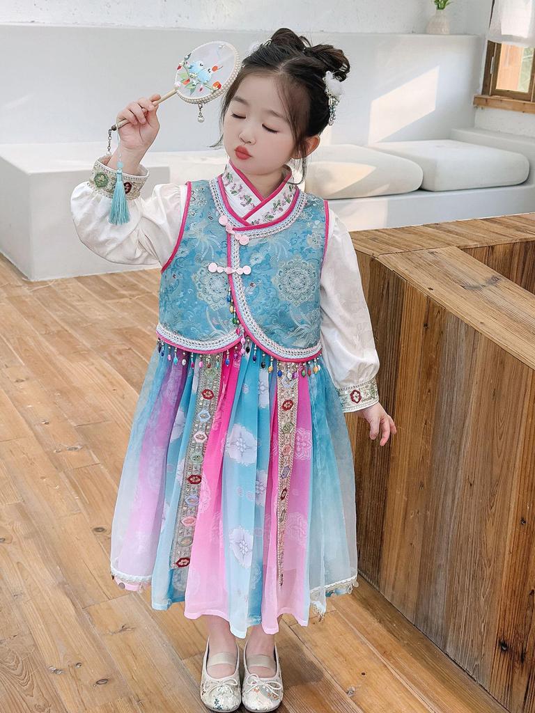 Girls' Spring & Autumn Hanfu Dress Set – Chinese Style Performance Costume for Children, Two-Piece Ethnic Outfit