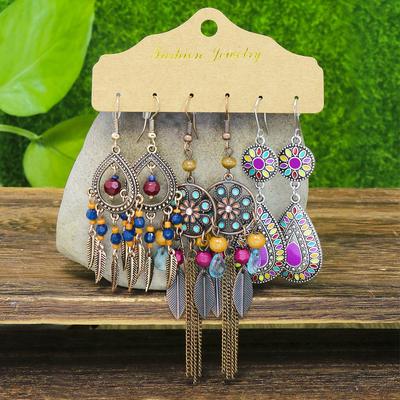 Böhmische lange handgefertigte baumelnde Ohrringe, Quastenohrringe, bunte Blumen, Vintage-Ohrringe, Hofohrring-Set
