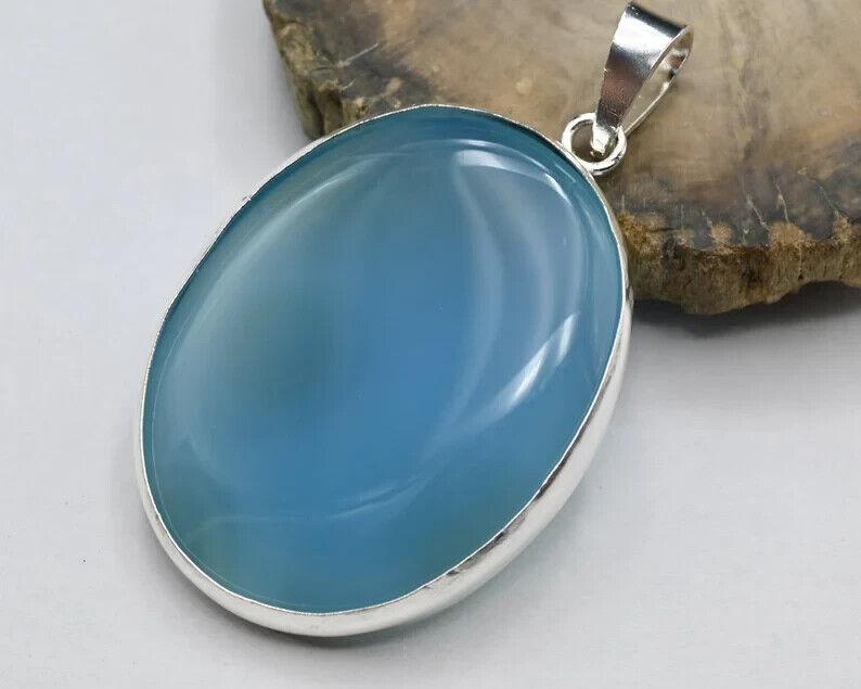 925 Sterling Silver Pendent Oval Blue Chalcedony Handcrafted Pendant