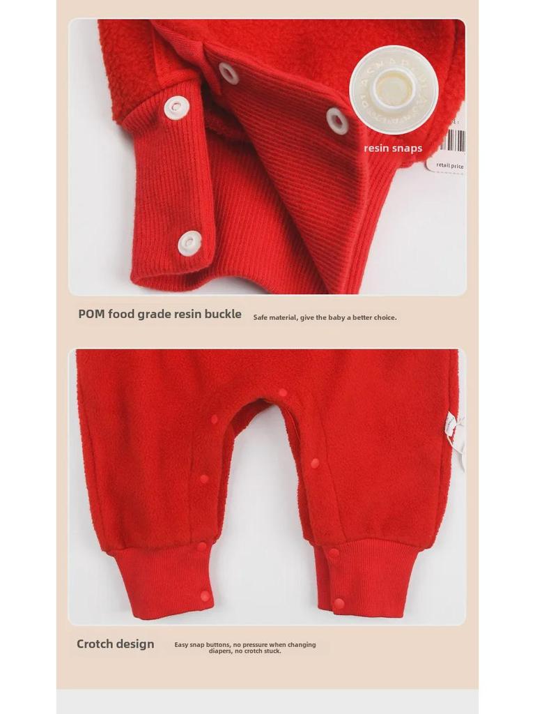 Salopă roșie din fleece polar pentru bebeluși: Lună Plină, 100 de Zile, Un An - Design de Ursuleț cu Binecuvântare de Anul Nou