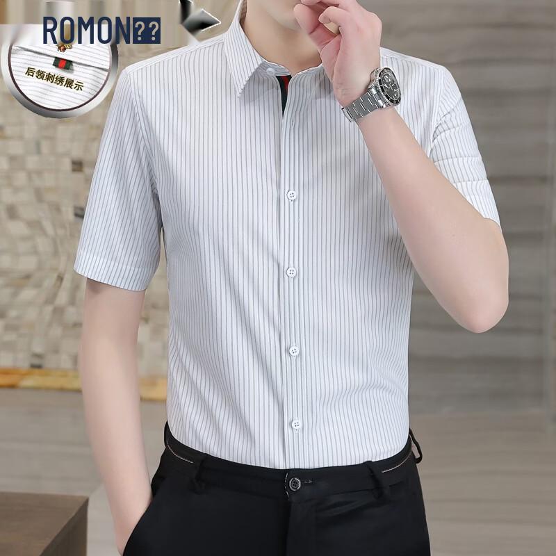ROMON Men s Striped Bee Embroidered Short Sleeve Shirt L