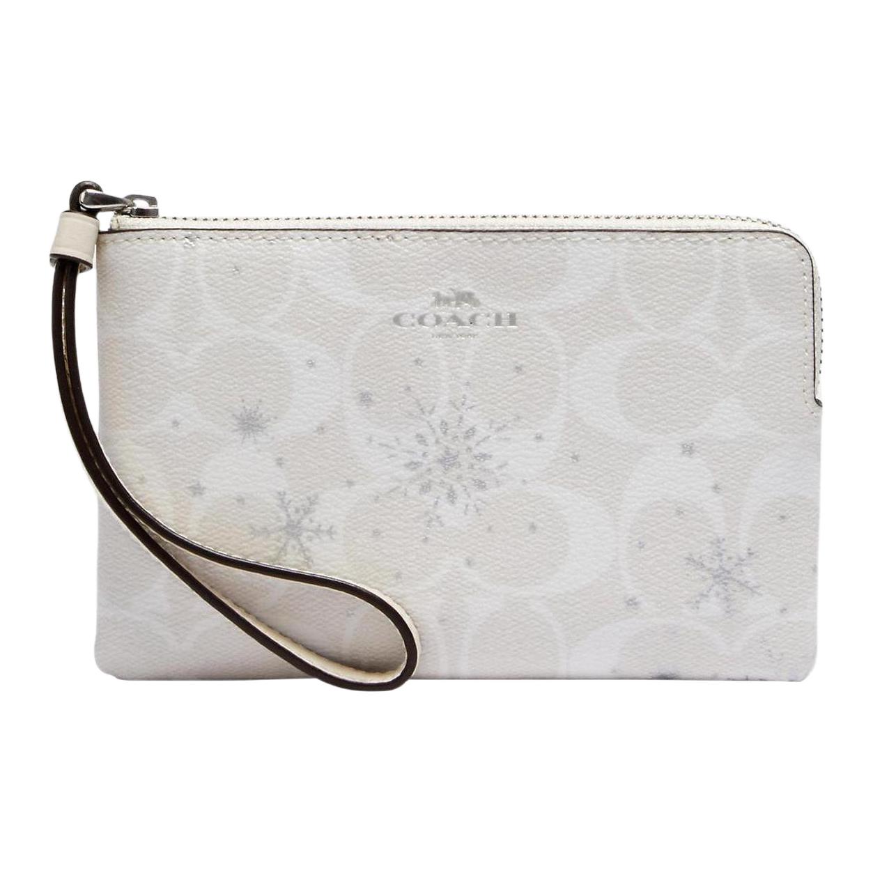 

Coach Corner Zip Wristlet 16 Classic Monogram Solid Snowflake Print Canvas With Smooth Leather Women Wristlet White C1862-SVCAH Basic Set (Bag+Dust Bag)