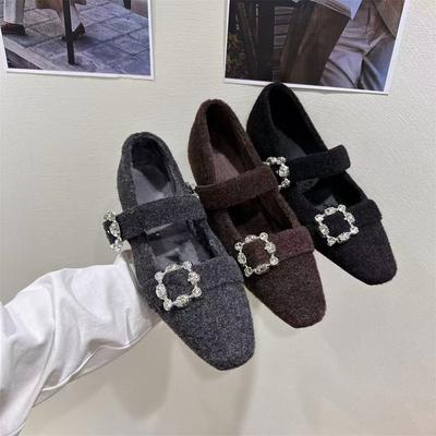 Inner Heightening Square Head Rhinestone Single Shoes Women's Shoes Autumn and Winter Plush Gray Fluffy Shoes Mary Jane Evening Shoes