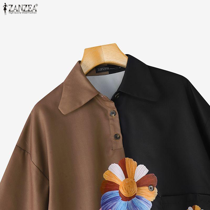 ZANZEA Women Casual Turn Down Collar Loose Short Sleeve Patchwork Blouse